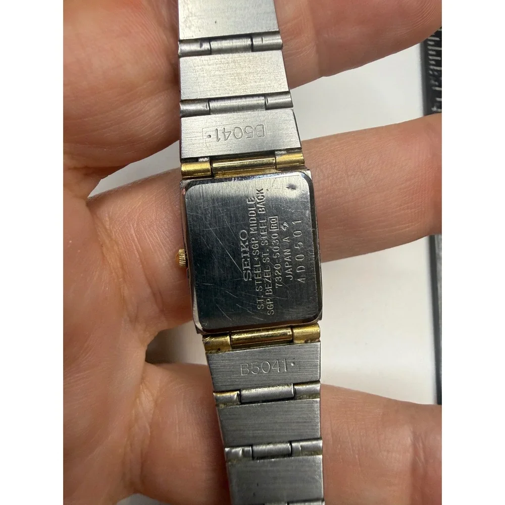 Seiko Quartz Two Tone Tank Watch Silver Gold 7320-5030 RO Rectangular Link Band